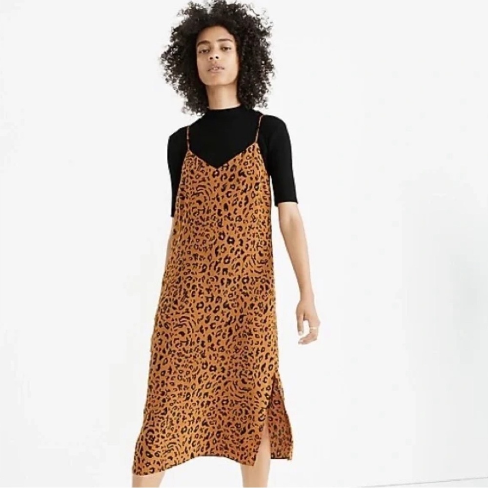 Madewell 100% Silk Leopard Print Slip Dress with Side Slits